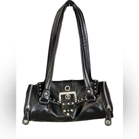 Kathy Van Zeeland Y2K Black Tootsie Roll Purse Satchel Side Zip Rhinestone - Picture 2 of 16